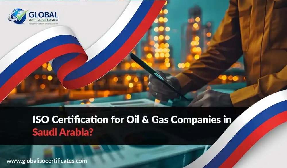 Safety auditor reviewing ISO certification for oil & gas companies requirements on a modern refinery site