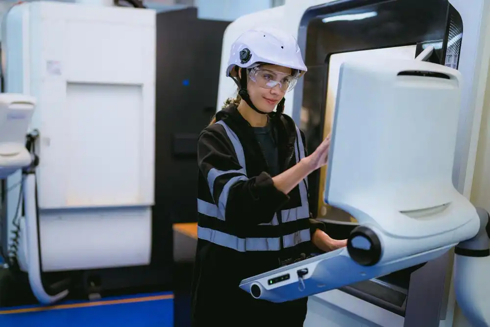 Operator loading parts at a guarded robot cell station, showing ISO/TR 20218-2 load/unload safety